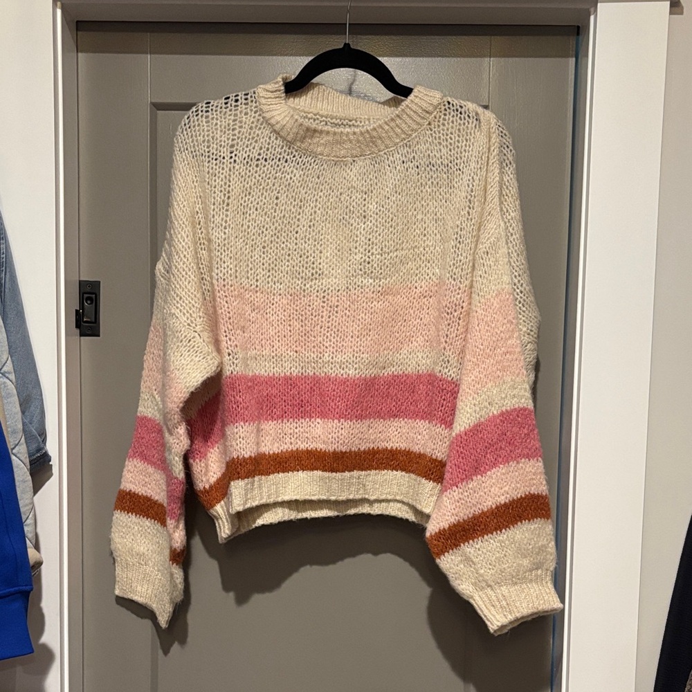 Cozy Striped Knit Sweater - Cream, Pink, and Brown